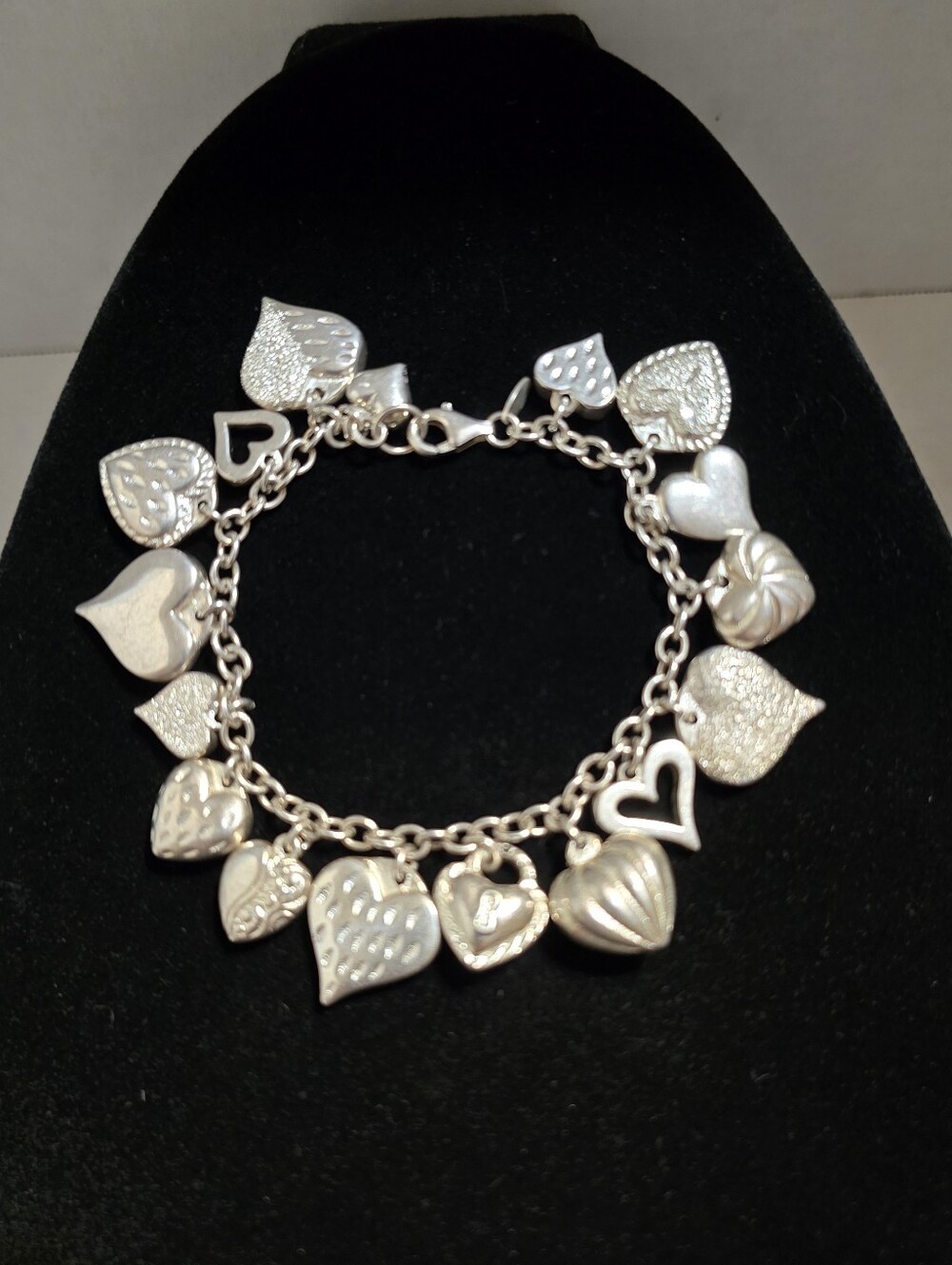 Vintage 'JCM' Sterling Silver Mauritius Puffy Heart Charm Bracelet 7.25 Inch